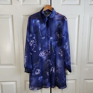 Vintage XTRMZ Blue Floral Kimono Sheer Button Up Blouse SZ Med Dark Cottagecore